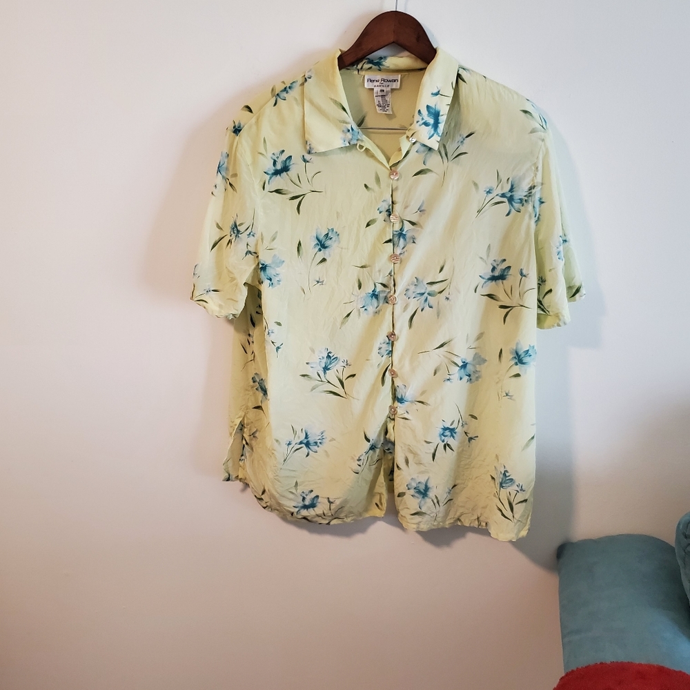 Rena Rowan for Saville 100% silk button down floral blouse size 18W vintage